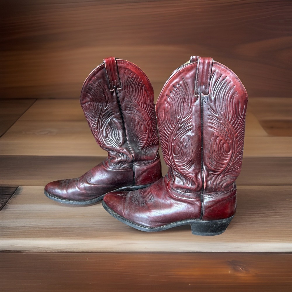 Vintage Chucks Cowboy Boots Black Cherry Burgundy Leather Mens 9.5 Round Toe